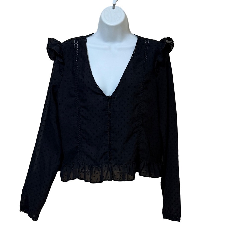 Zara Womens Black Dobby Dot Ruffle V-Neck Button Front Blouse‎ Large L